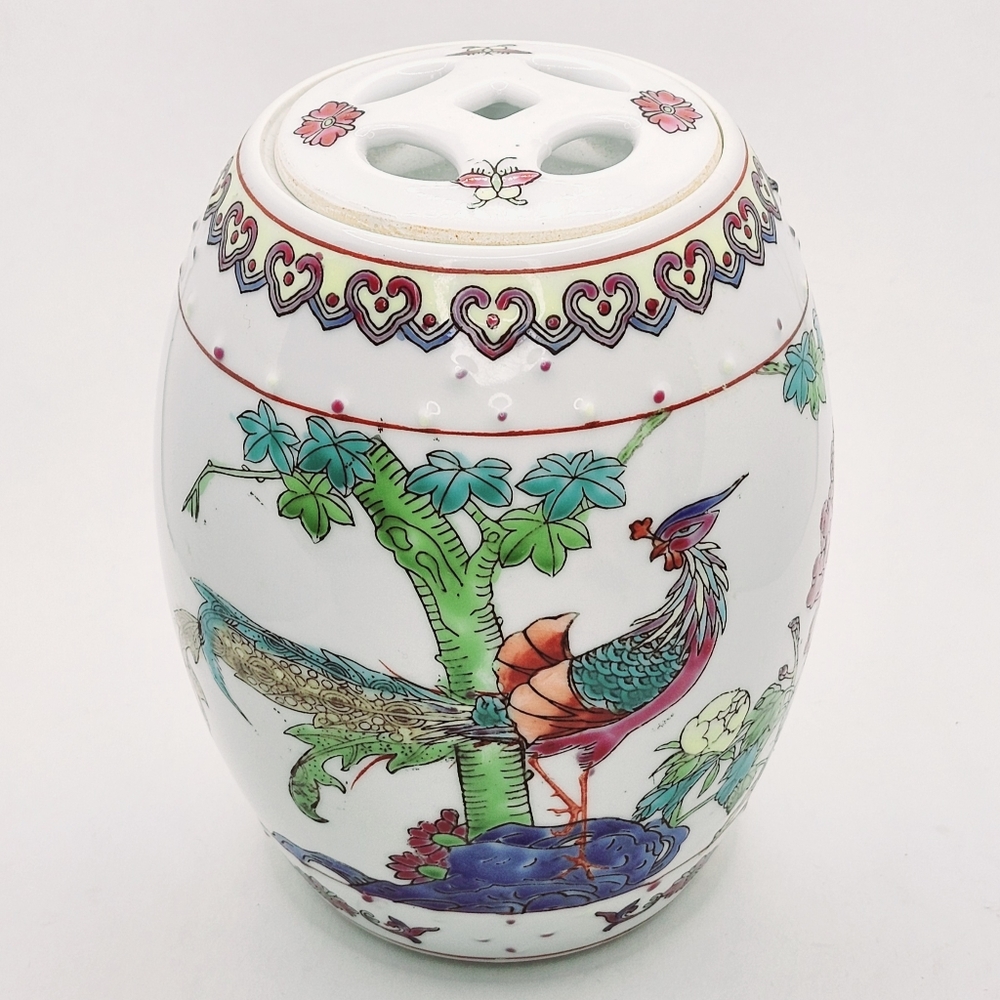 Vintage Hand Painted Porcelain barrel Ginger Jar with Pierced Lid
